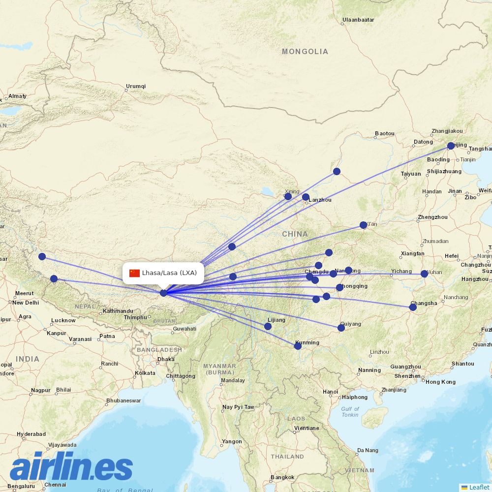 Tibet Airlines from Lhasa Airport destination map