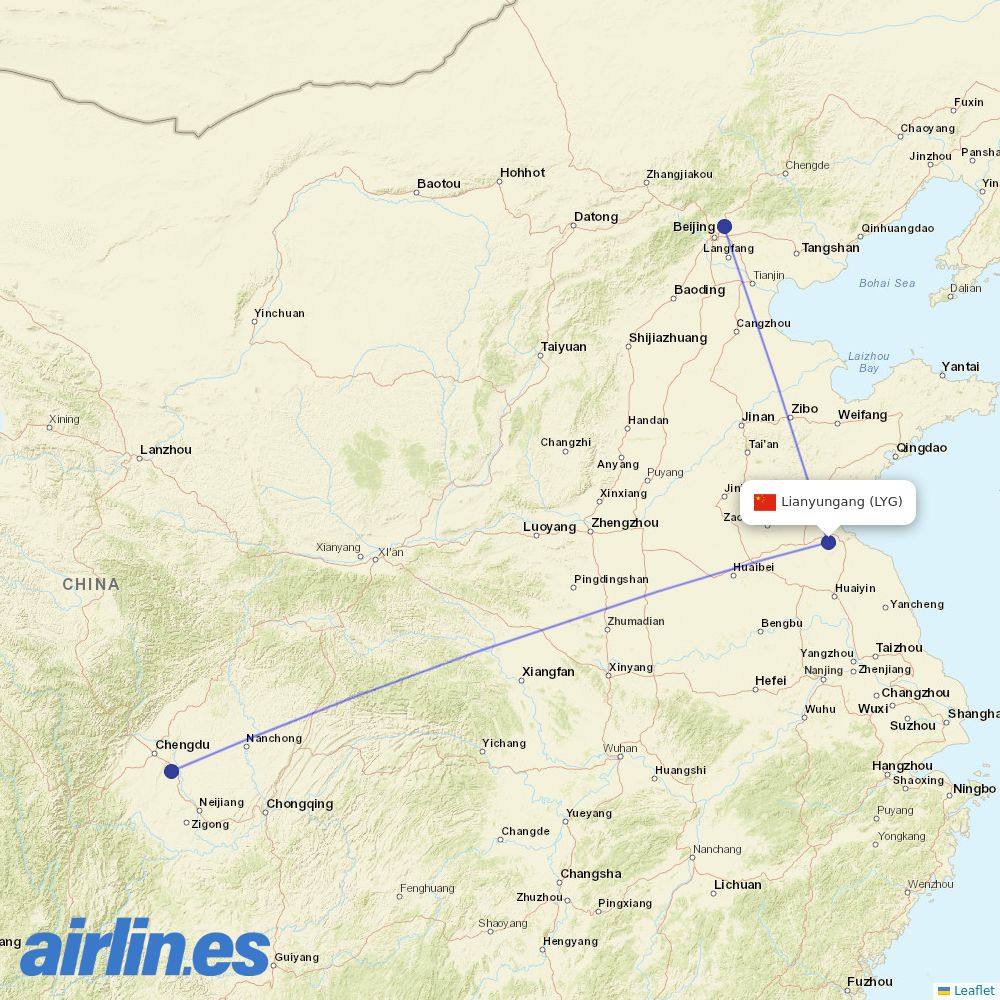 Air China from Lianyungang Airport destination map