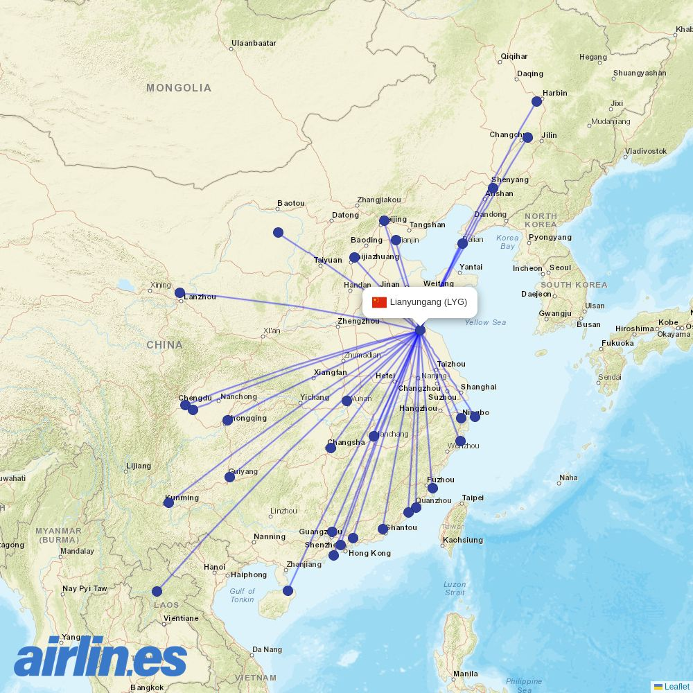 Donghai Airlines from Lianyungang Airport destination map