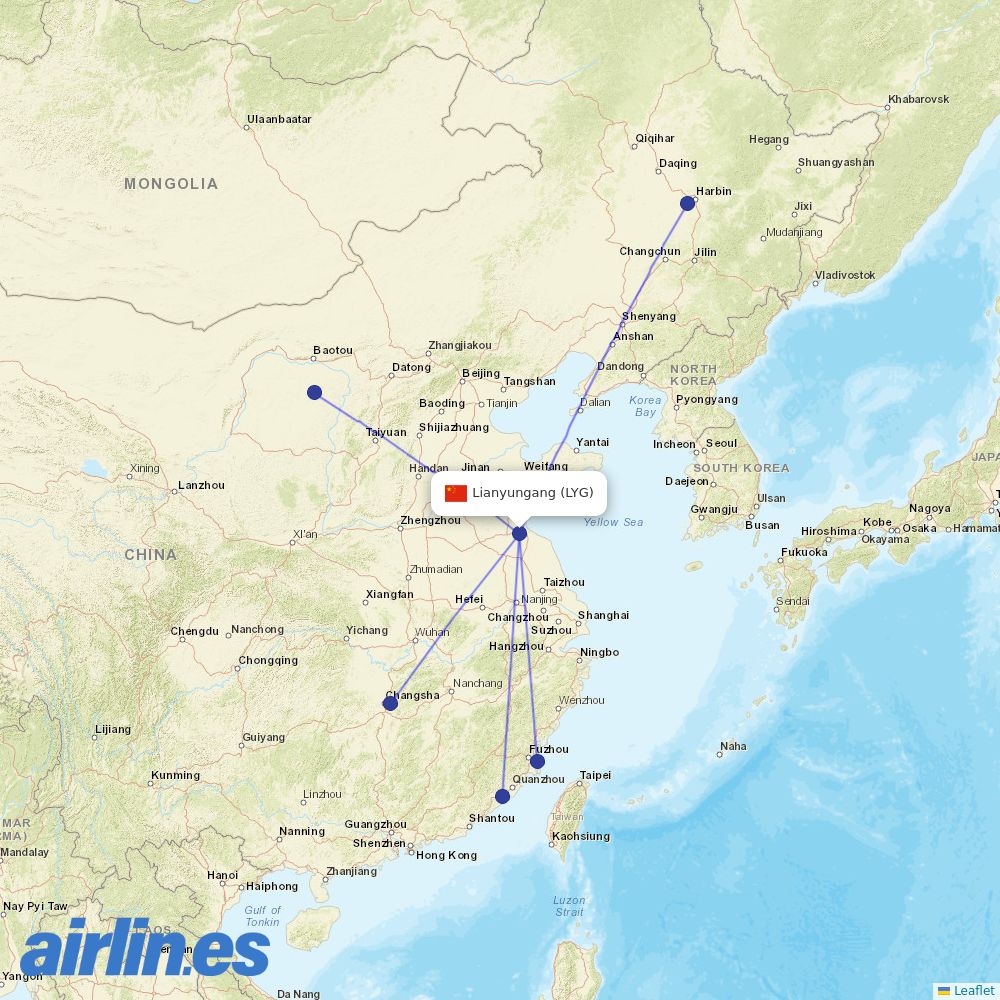 Xiamen Airlines from Lianyungang Airport destination map