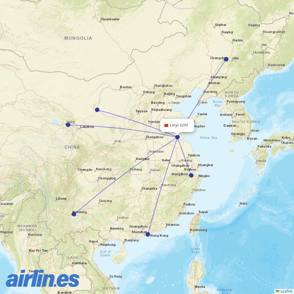 Loong Air from Linyi Airport destination map