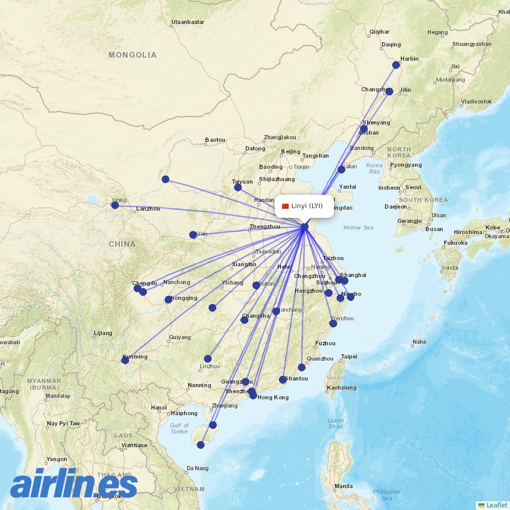 Shenzhen Airlines from Linyi Airport destination map