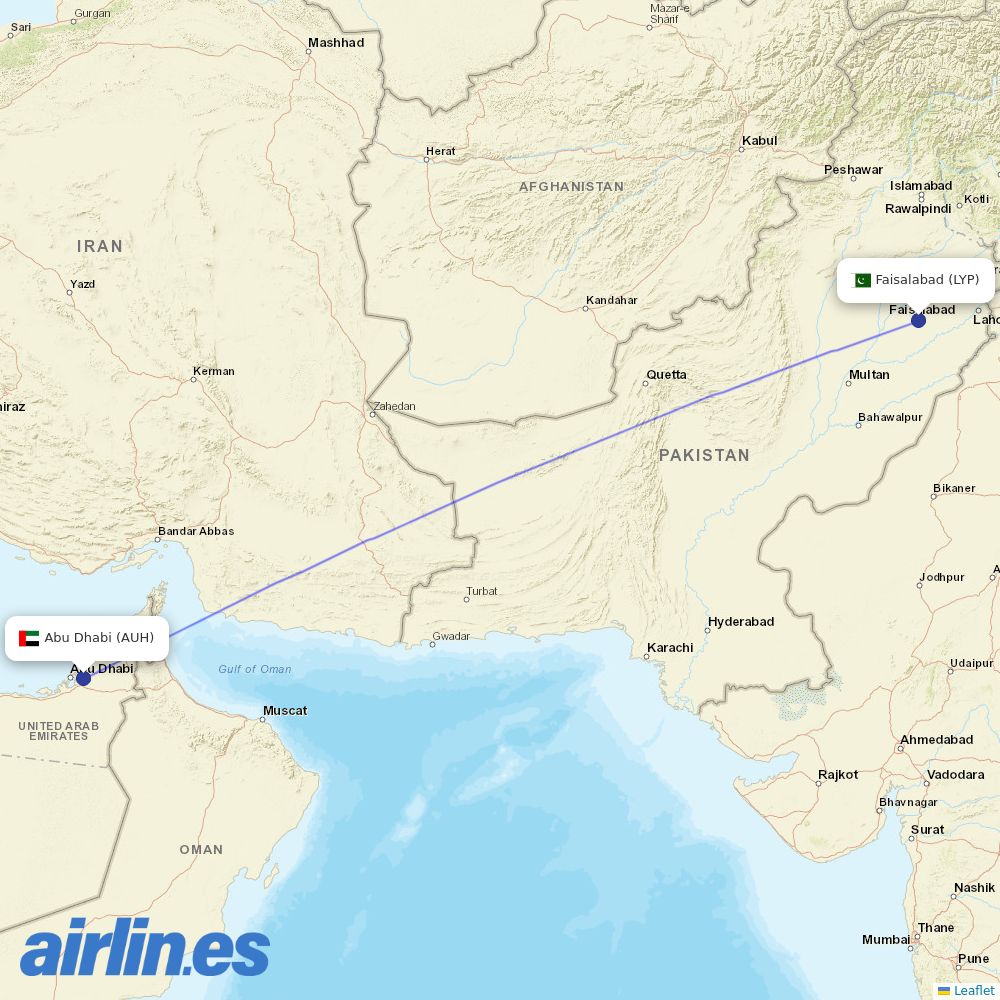 Air Arabia Abu Dhabi from Faisalabad International destination map