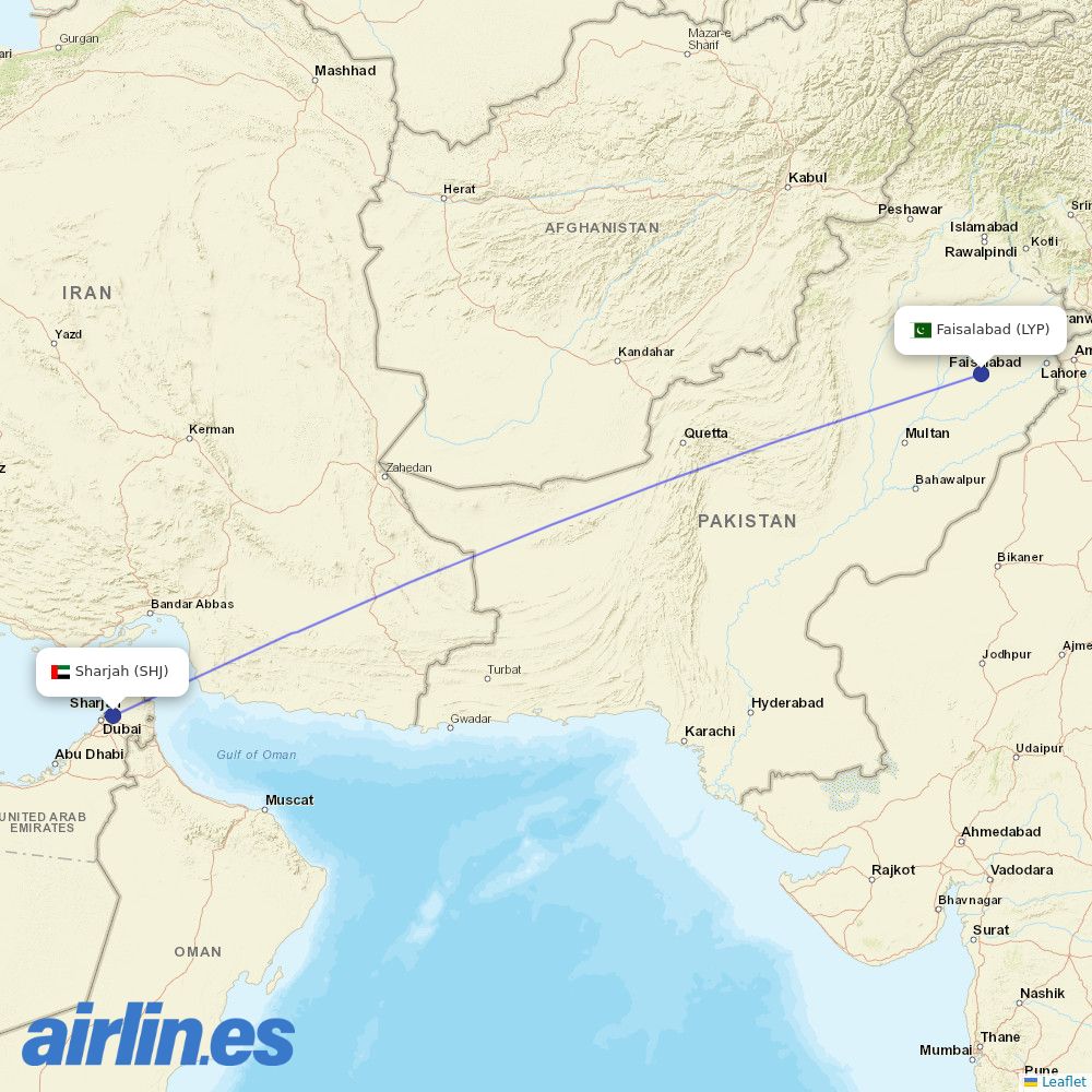 Air Arabia from Faisalabad International destination map