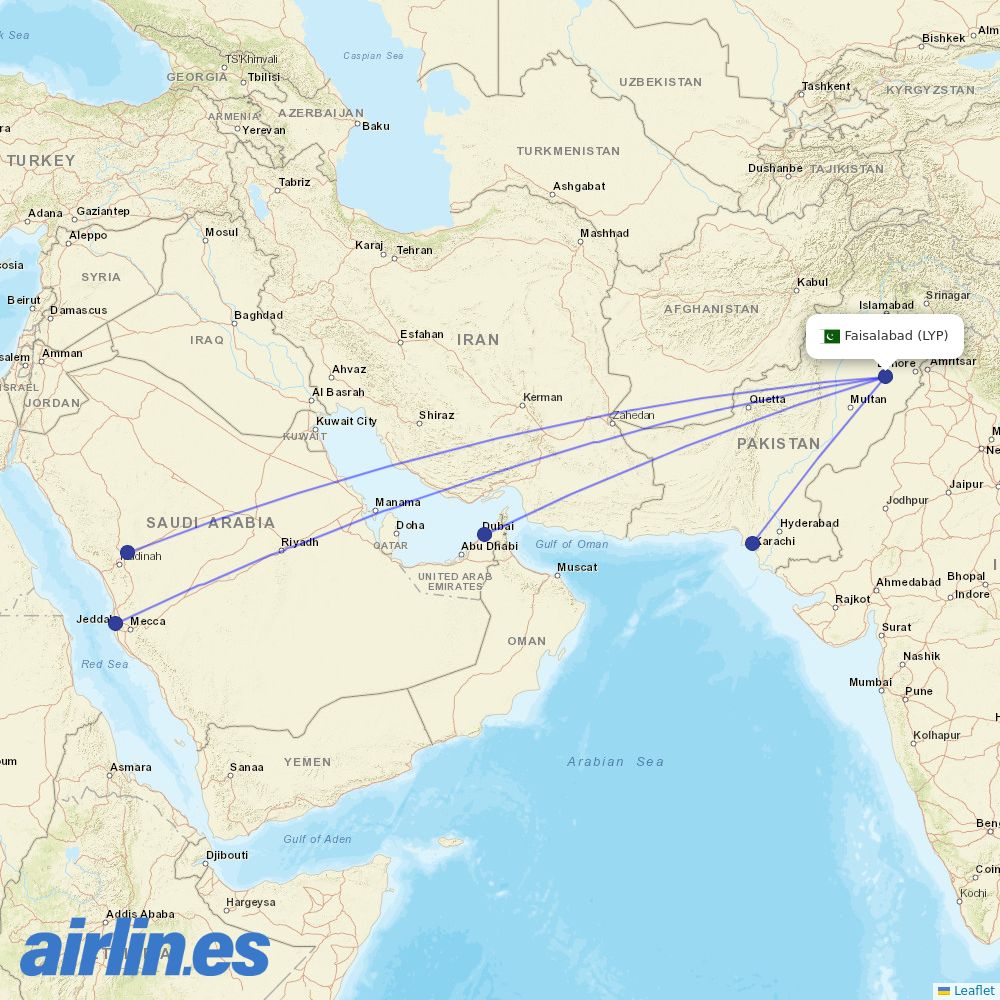 Pakistan International Airlines from Faisalabad International destination map