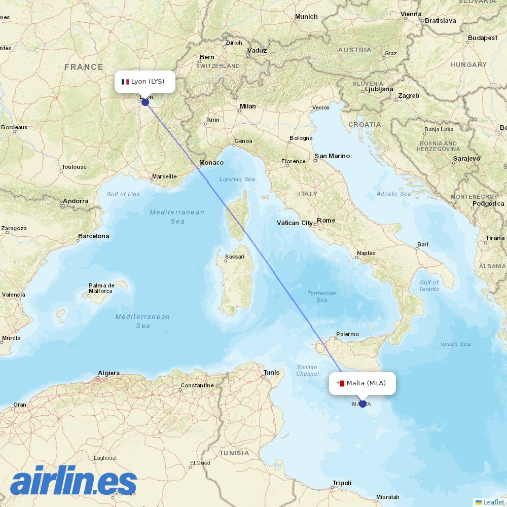 KM Malta Airlines from Lyon–Saint-Exupéry Airport destination map