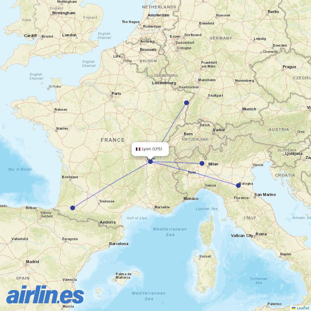 Twin Jet from Lyon–Saint-Exupéry Airport destination map