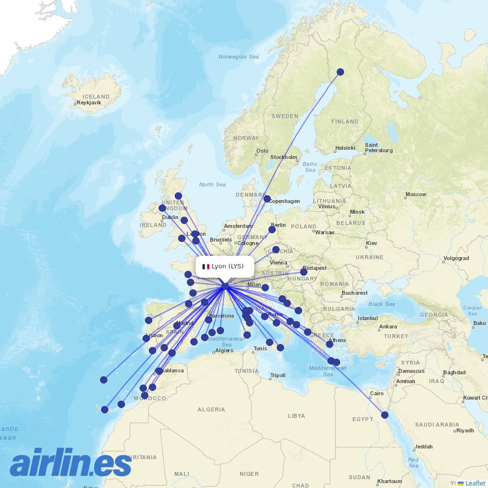easyJet from Lyon–Saint-Exupéry Airport destination map