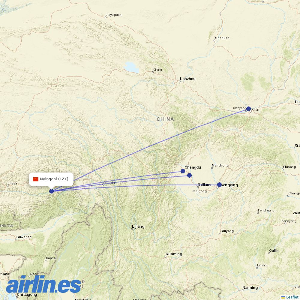 Sichuan Airlines from Nyingchi Airport destination map