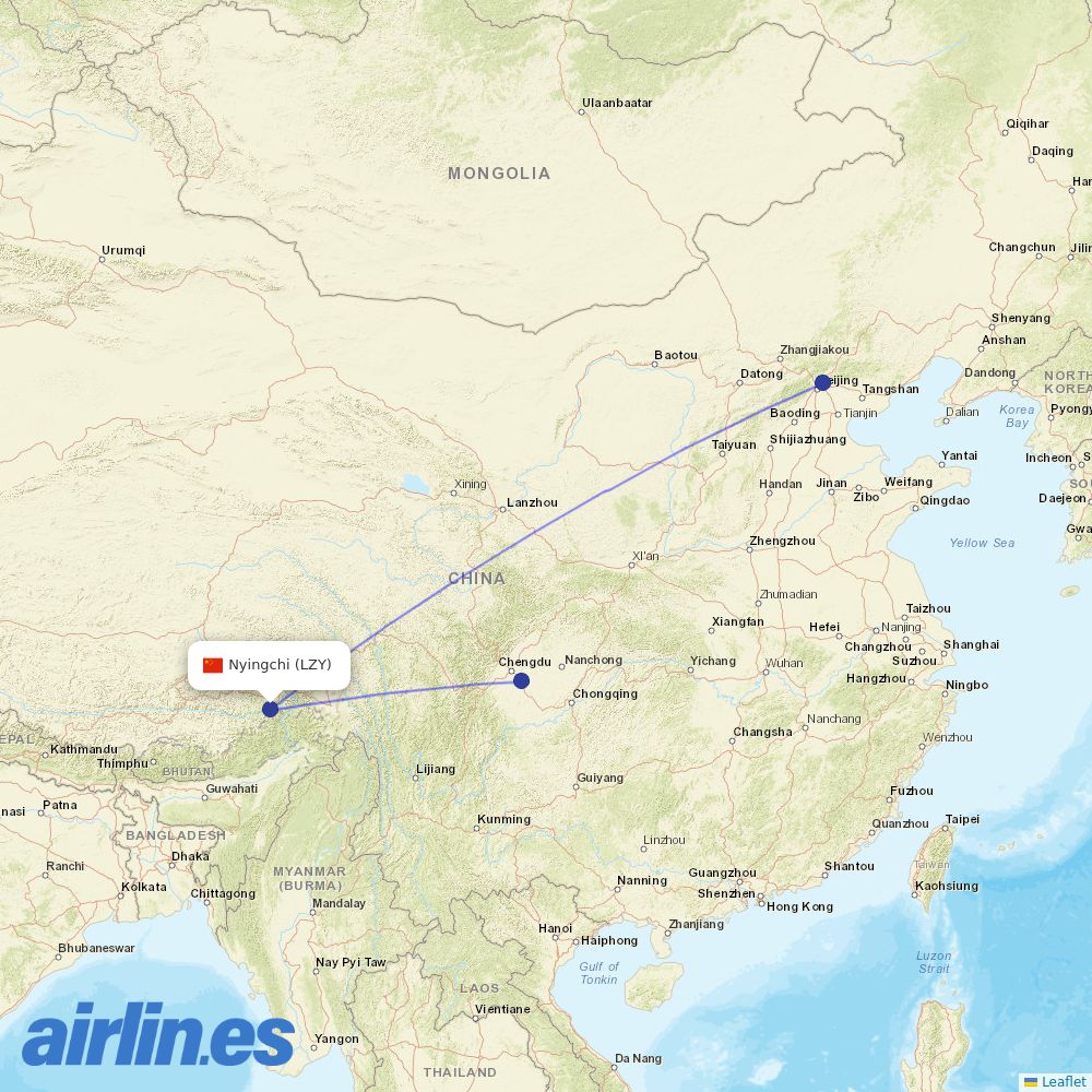 Air China from Nyingchi Airport destination map