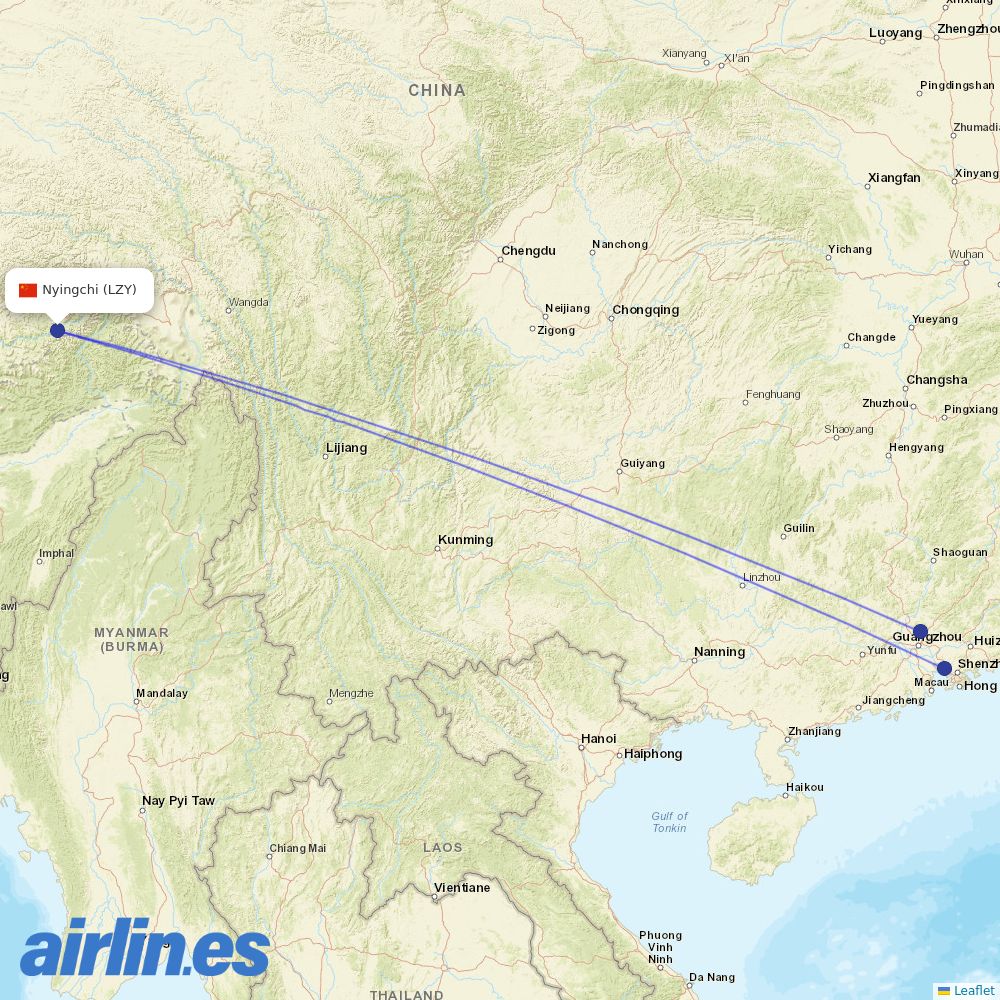 China Southern Airlines from Nyingchi Airport destination map
