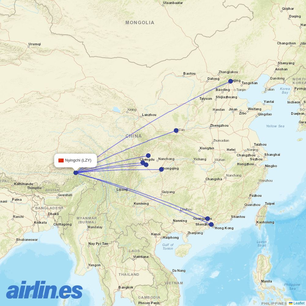 West Air (China) from Nyingchi Airport destination map