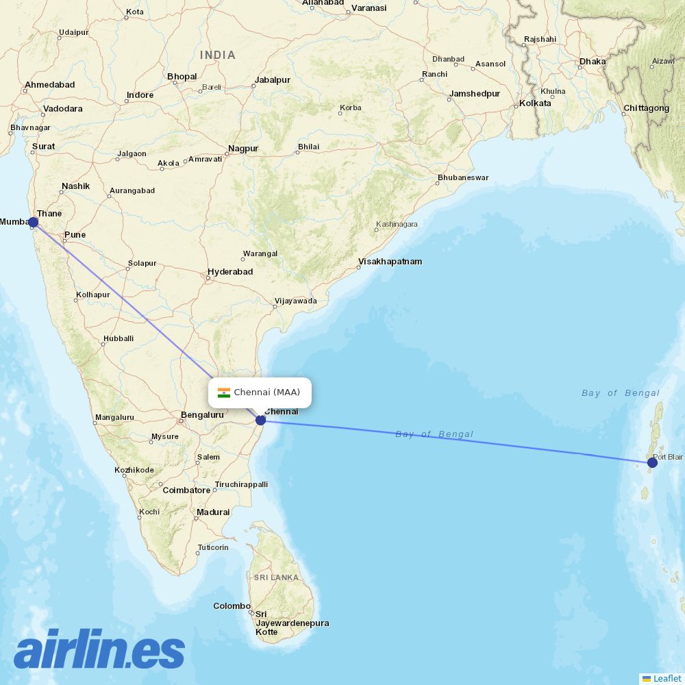 Akasa Air from Chennai International destination map