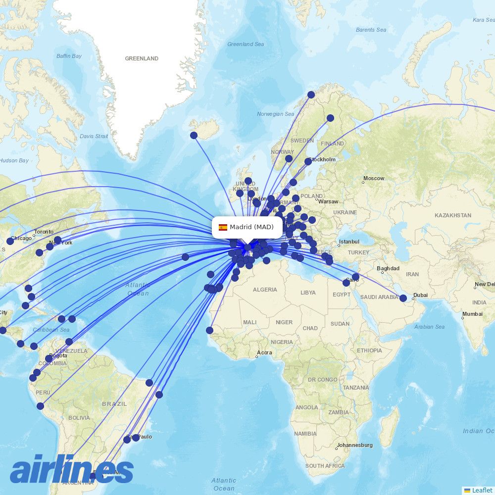 Iberia from Barajas destination map