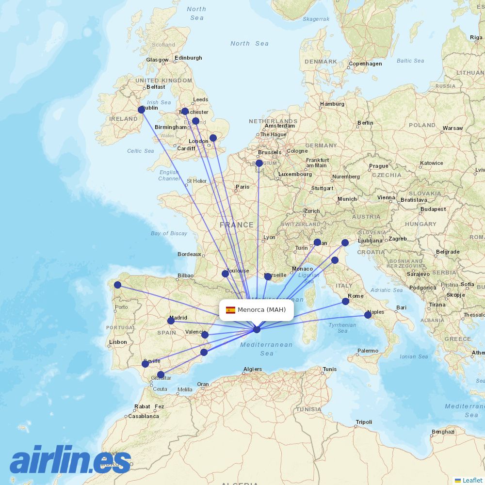 Ryanair from Menorca Airport destination map