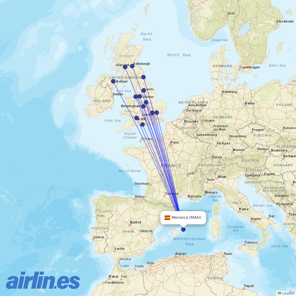Jet2 from Menorca Airport destination map