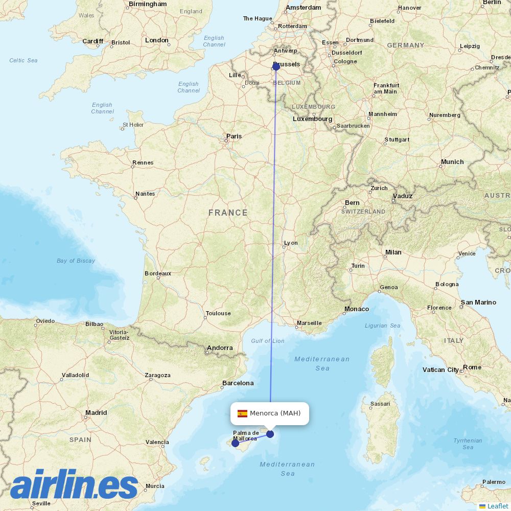 TUI fly Belgium from Menorca Airport destination map