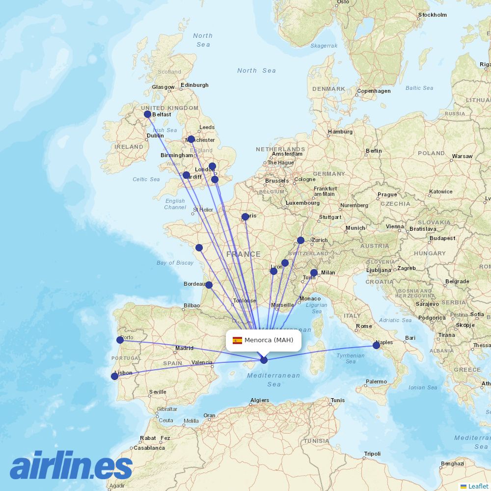 easyJet from Menorca Airport destination map