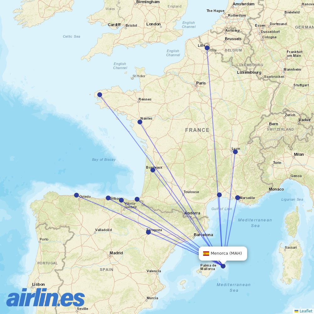 Volotea from Menorca Airport destination map