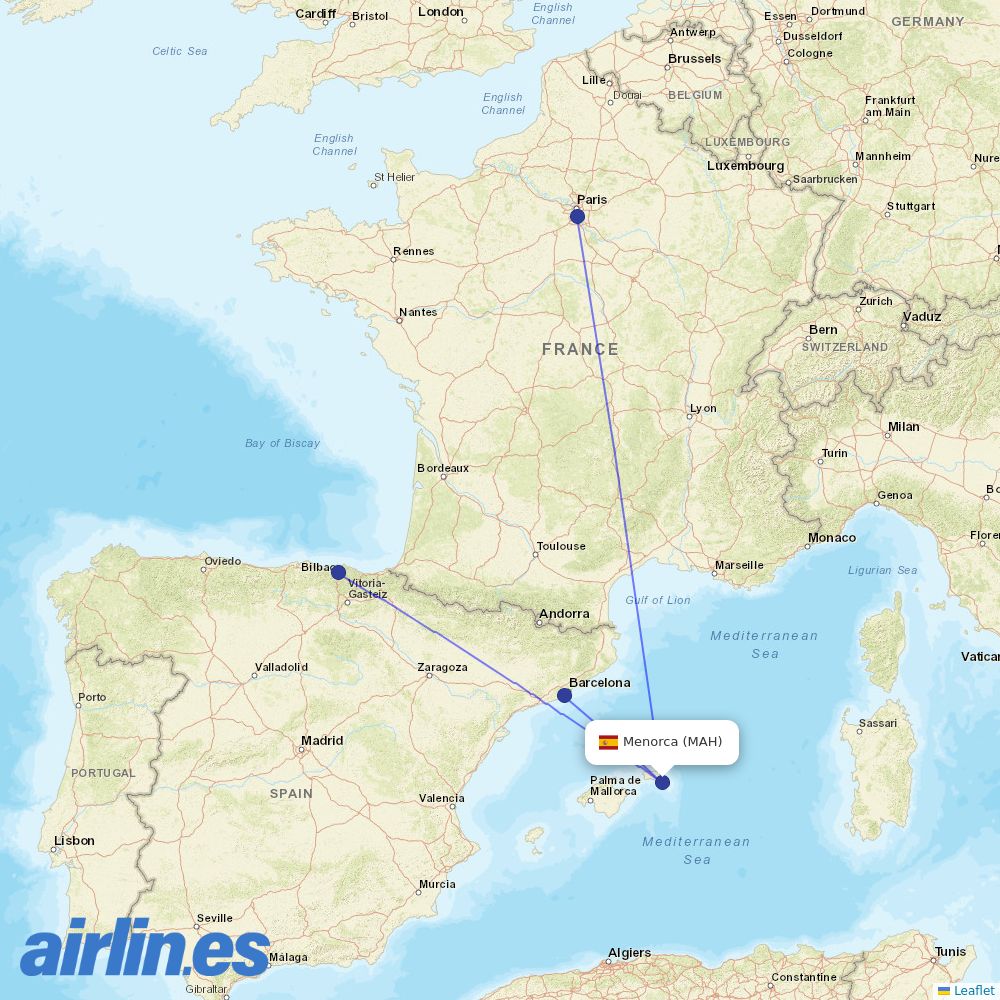Vueling from Menorca Airport destination map