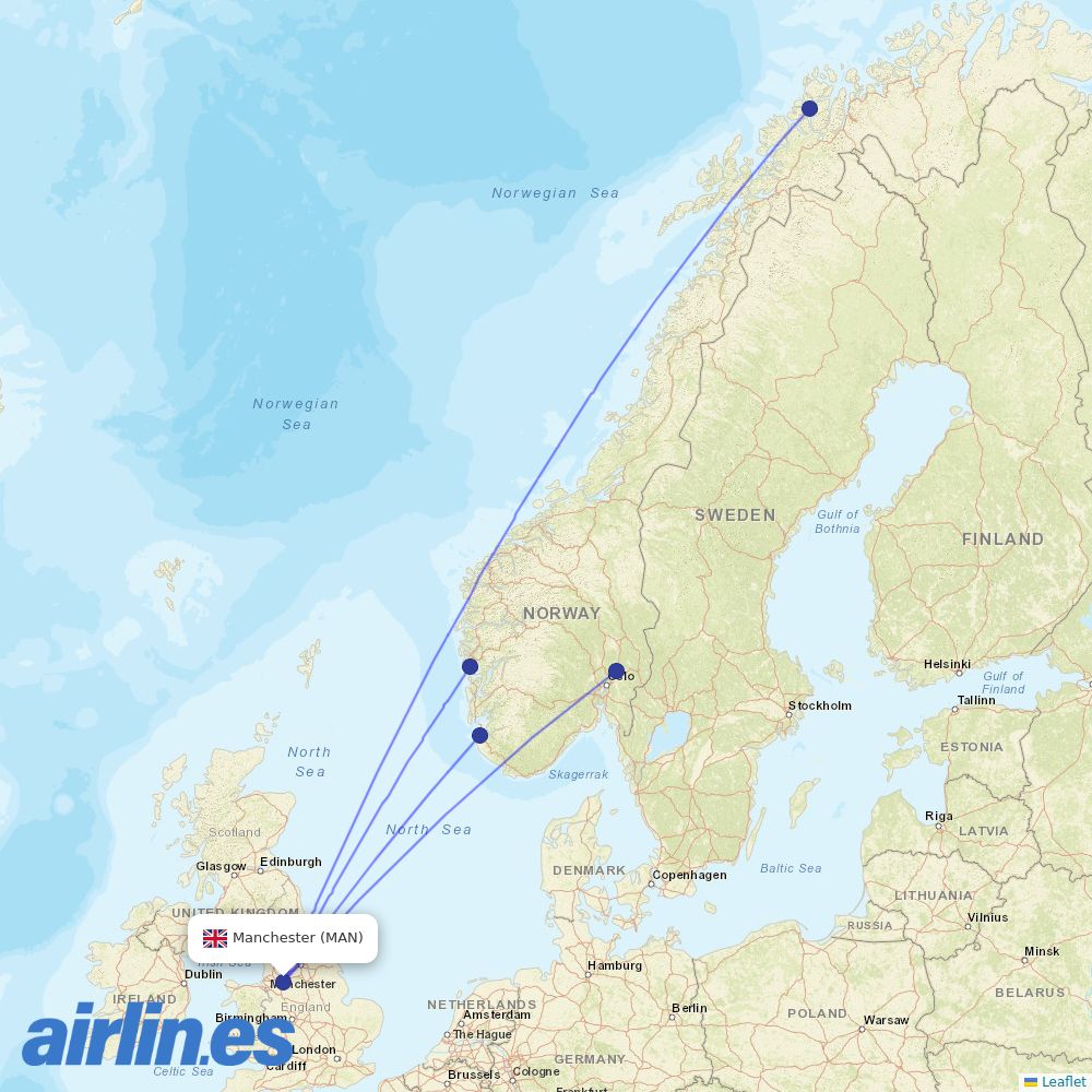Norwegian Air Shuttle from Manchester Airport destination map