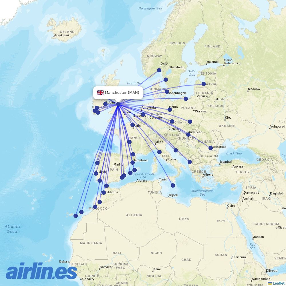 Ryanair UK from Manchester Airport destination map