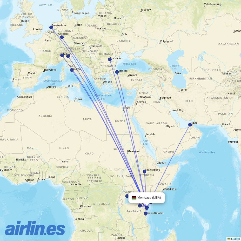 Uganda Airlines from Moi International destination map