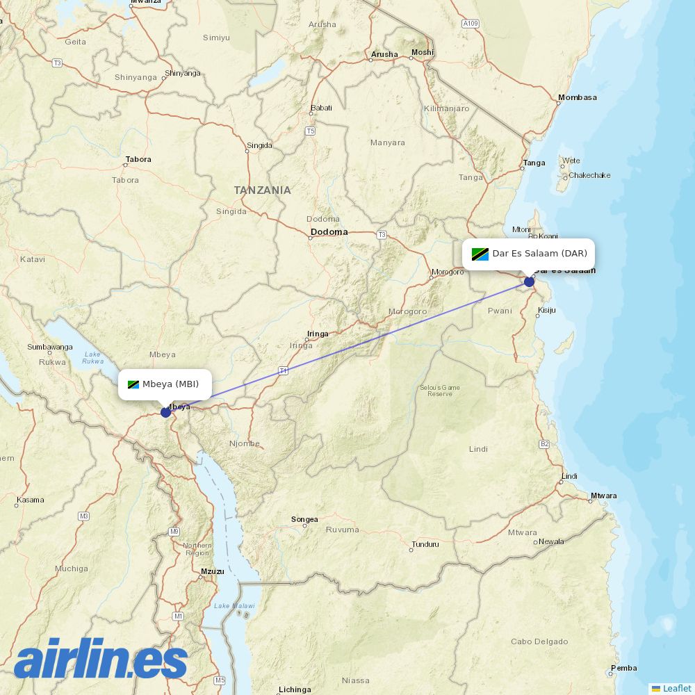 Air Tanzania at MBI route map