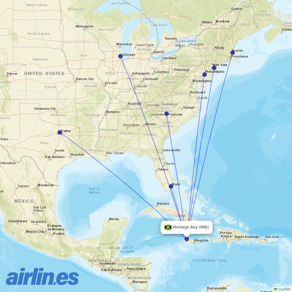 American Airlines from Sangster International destination map