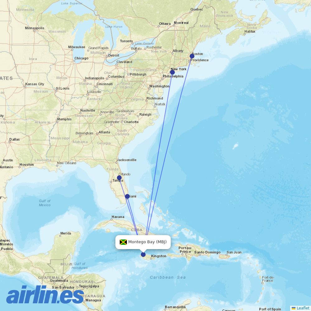 JetBlue Airways from Sangster International destination map