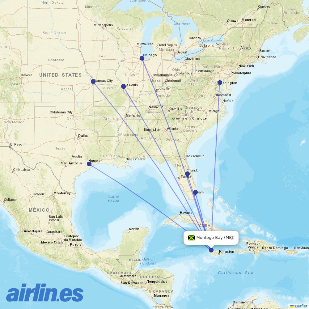 Southwest Airlines from Sangster International destination map