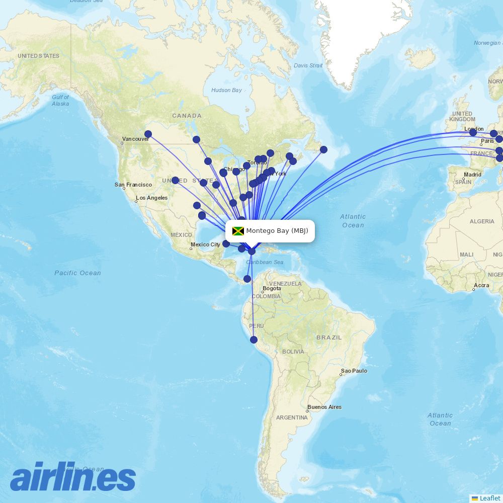 WestJet from Sangster International destination map