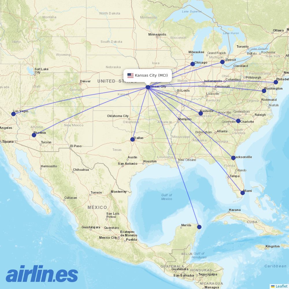 American Airlines from Kansas City International Airport destination map