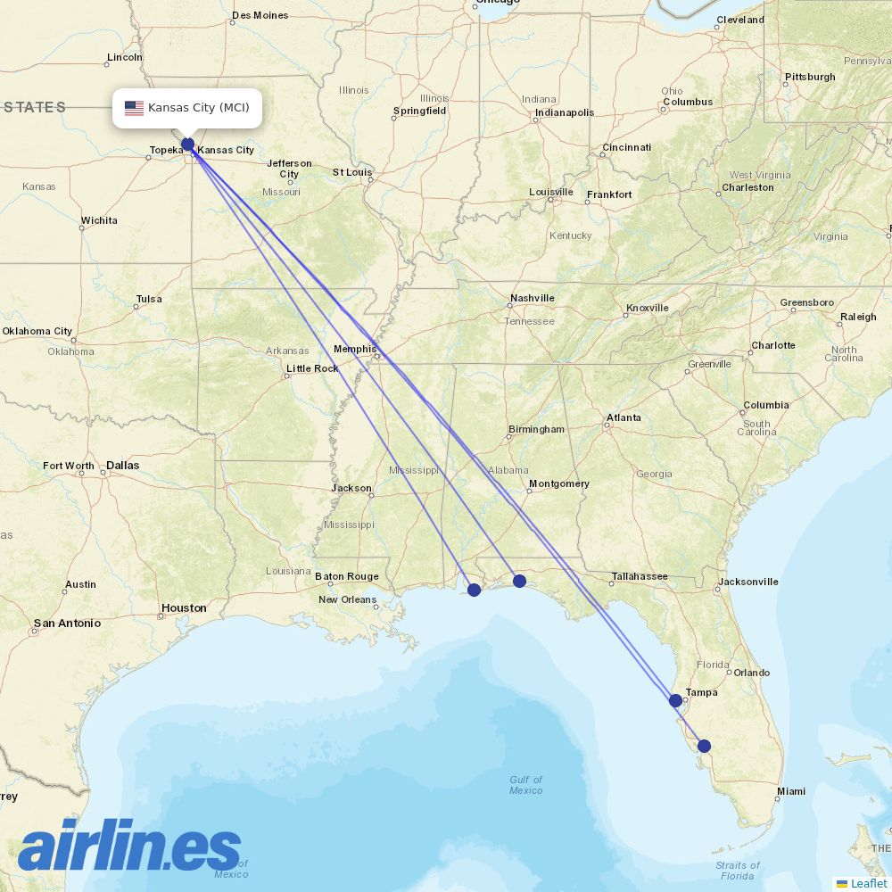 Allegiant Air from Kansas City International Airport destination map