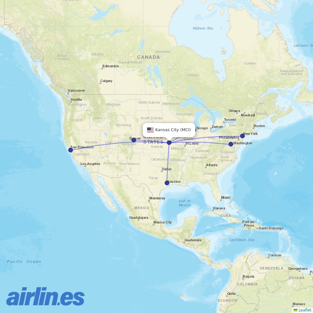 United Airlines from Kansas City International Airport destination map