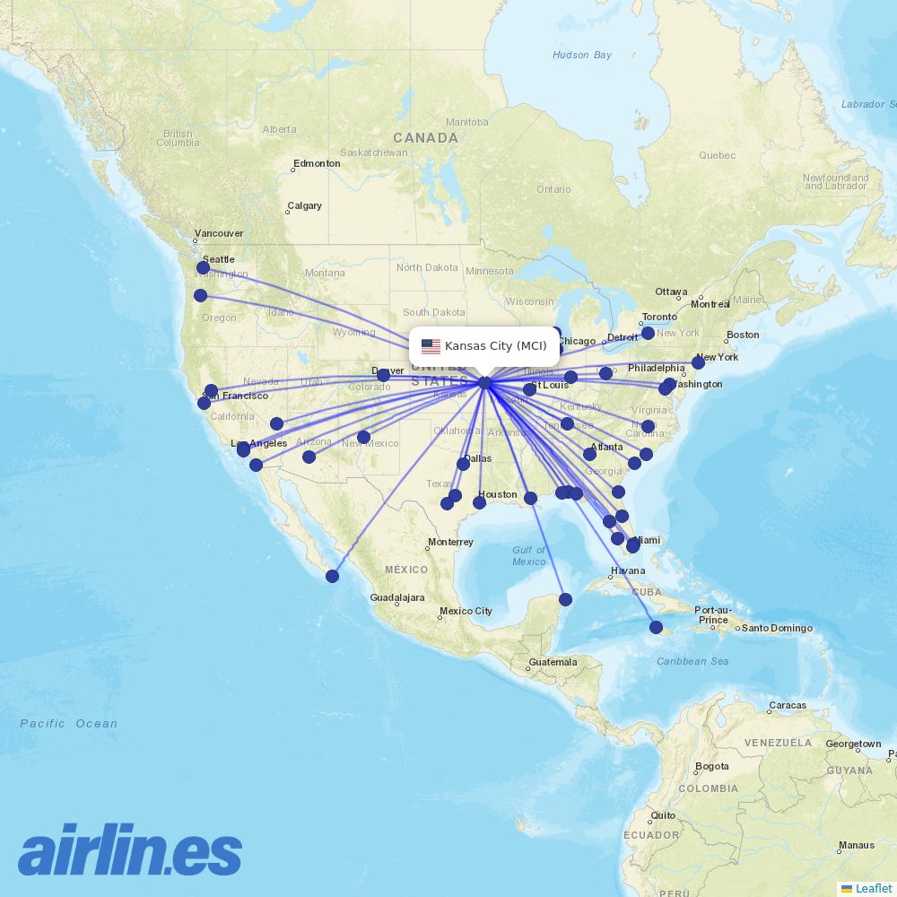 Southwest Airlines from Kansas City International Airport destination map