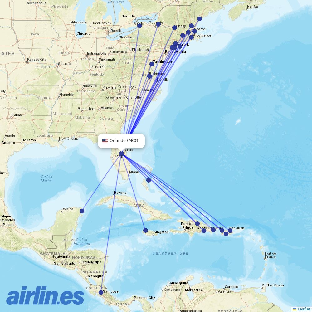 JetBlue Airways from Orlando International destination map