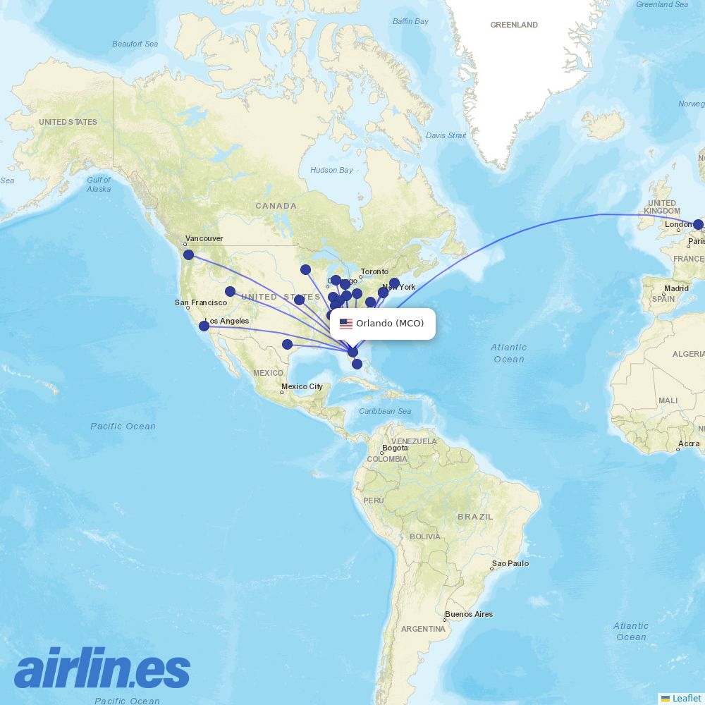 Delta Air Lines from Orlando International destination map