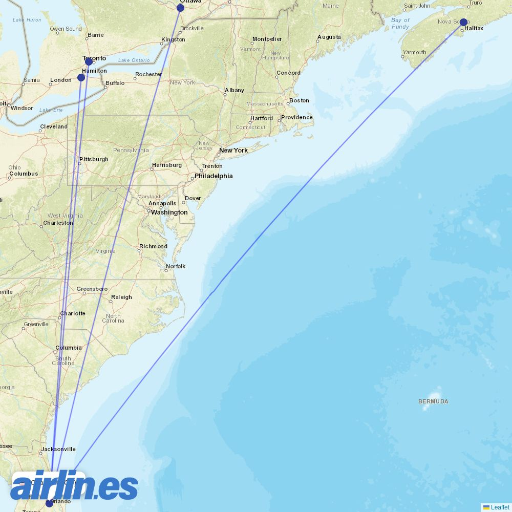 Porter Airlines from Orlando International destination map