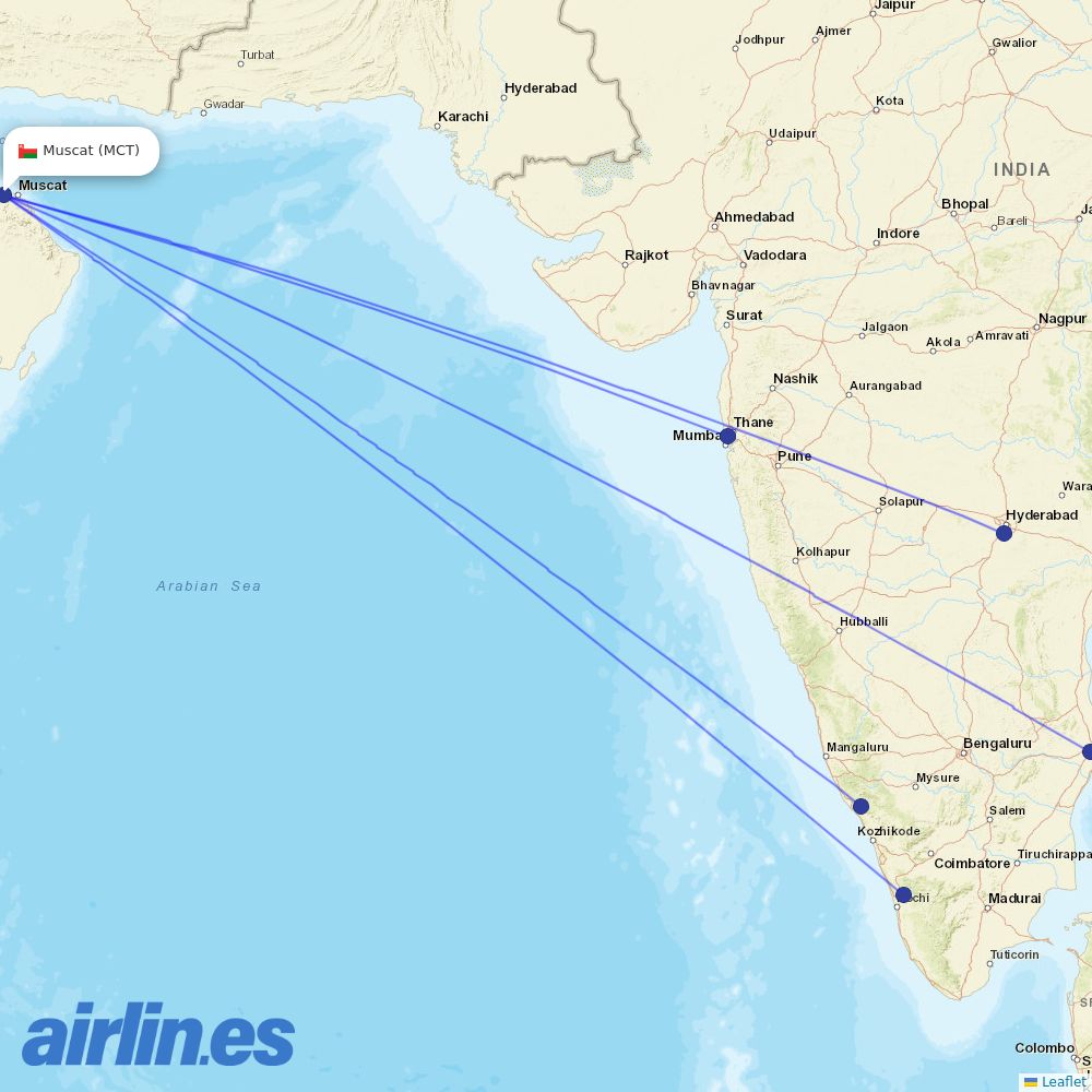 IndiGo from Seeb International destination map