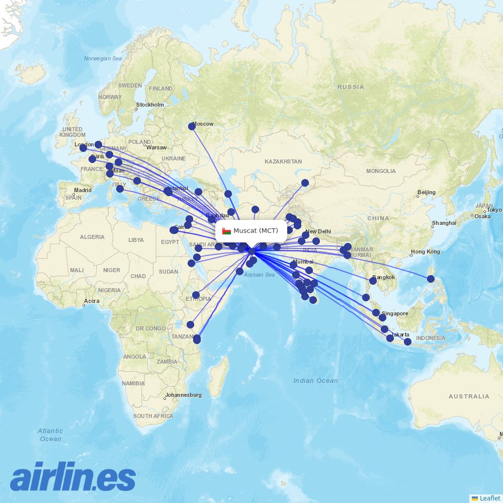 Pakistan International Airlines from Seeb International destination map