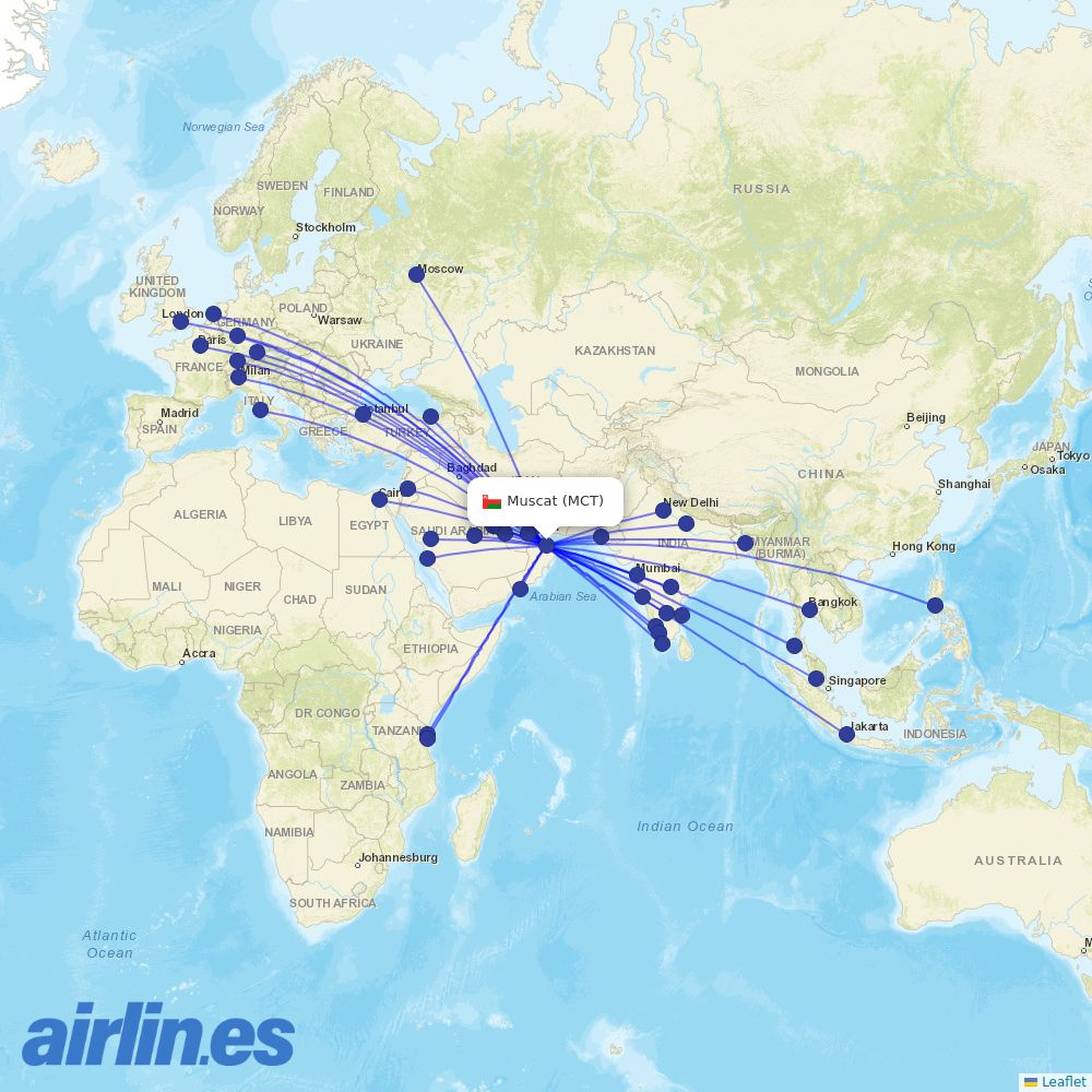 Oman Air from Seeb International destination map
