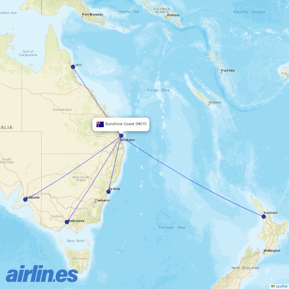 Jetstar from Maroochydore Sunshine Coast destination map