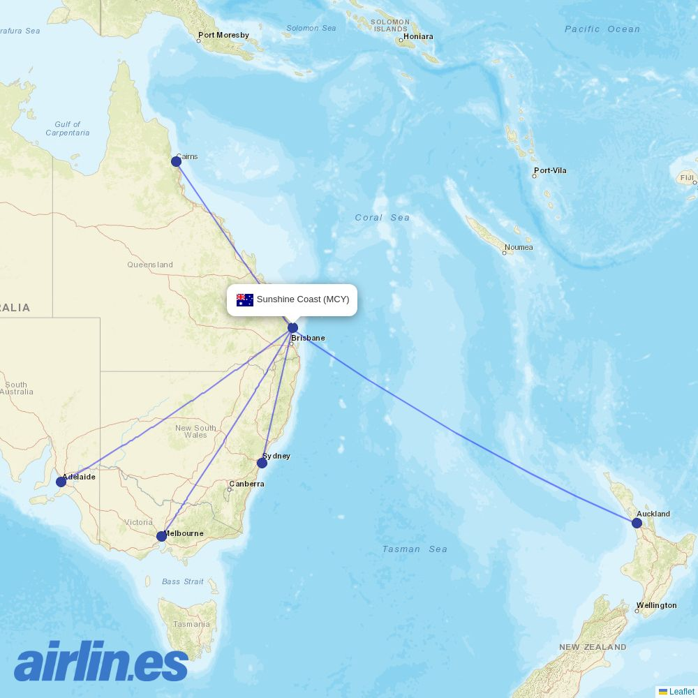 Air New Zealand from Maroochydore Sunshine Coast destination map