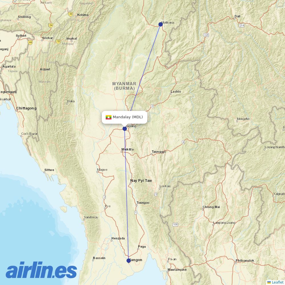Mann Yadanarpon Airlines from Mandalay International destination map