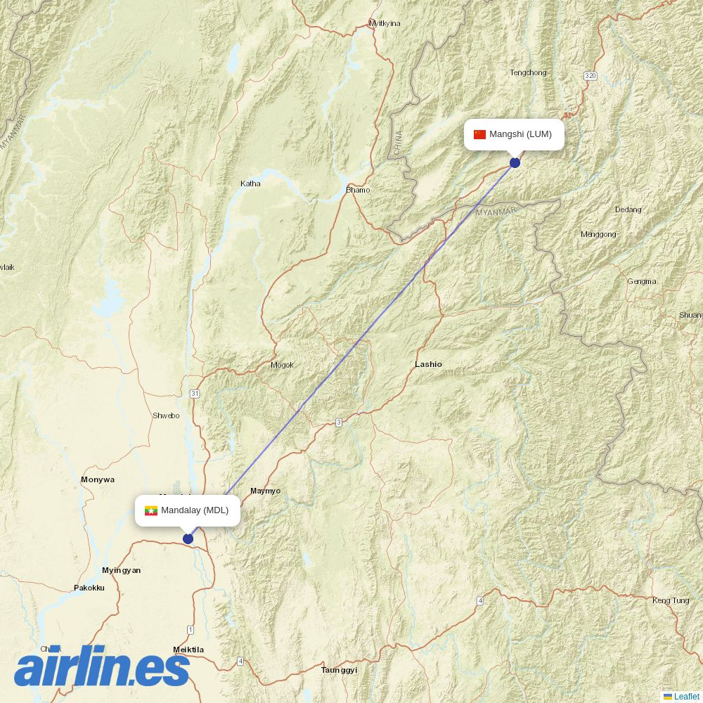 Ruili Airlines from Mandalay International destination map