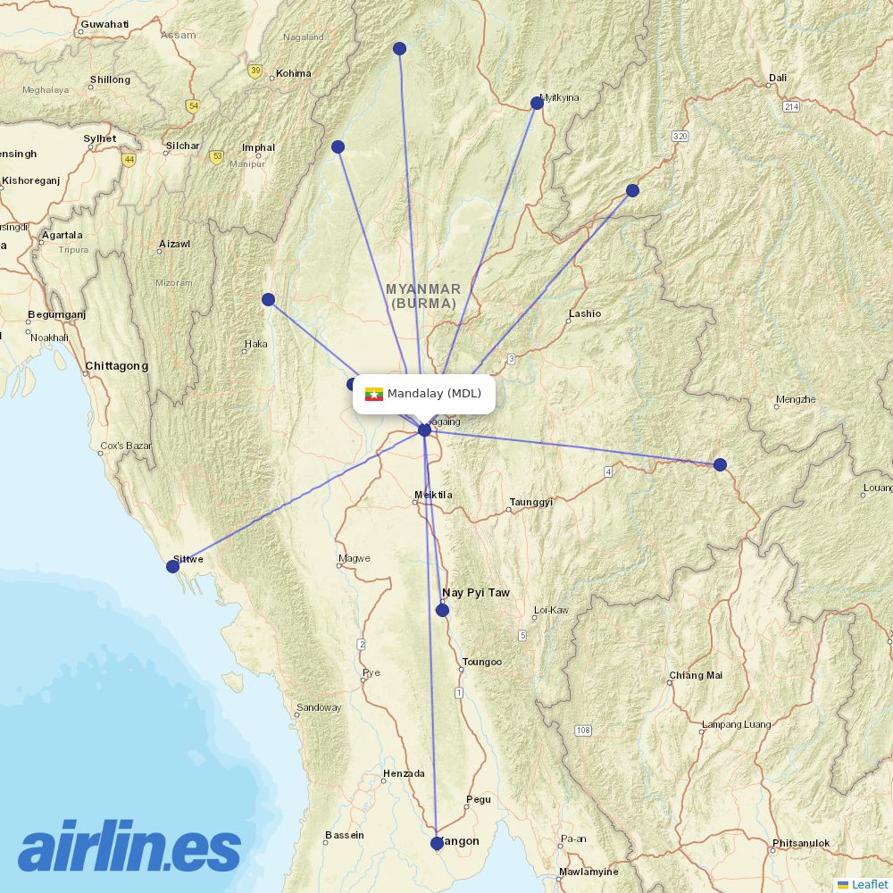 Myanmar National Airlines from Mandalay International destination map