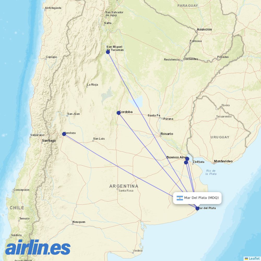 Aerolineas Argentinas from Mar Del Plata destination map