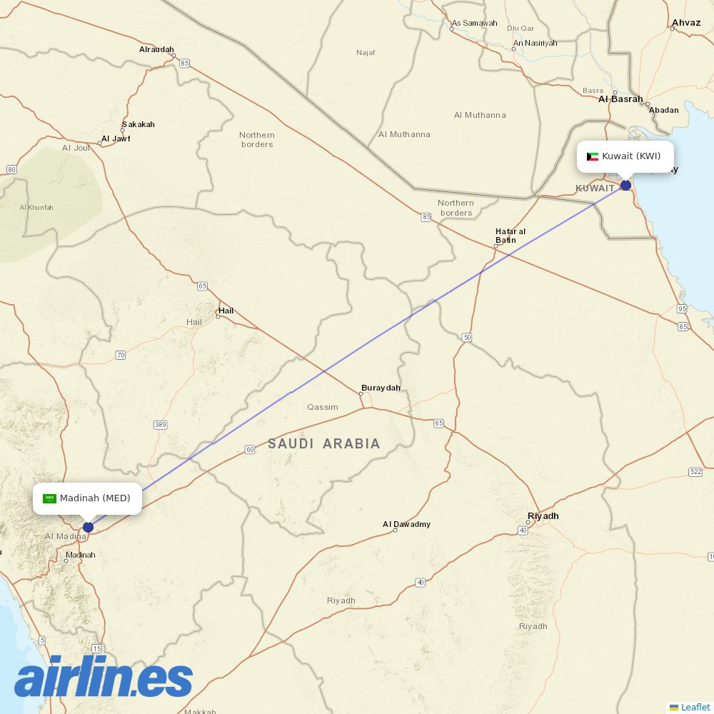 Jazeera Airways from Madinah destination map