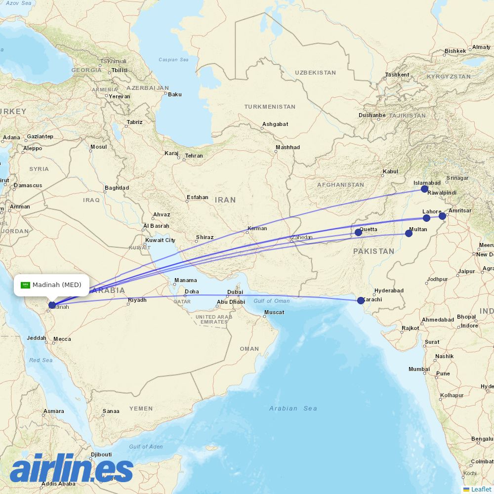 Pakistan International Airlines from Madinah destination map
